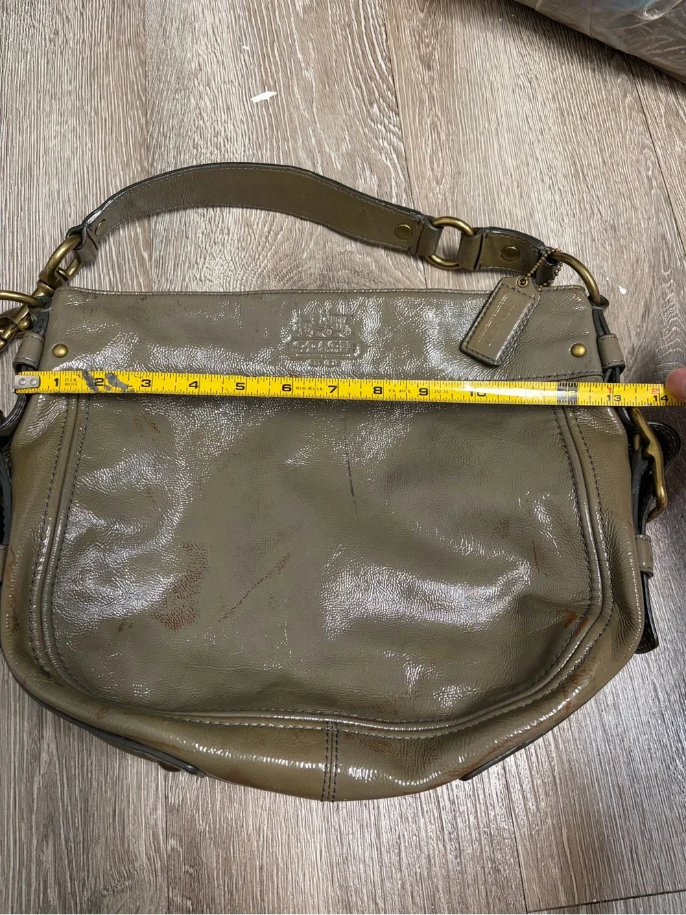 Coach Olive Green Patent Leather Hobo Shoulder Bag with Brass Hardware